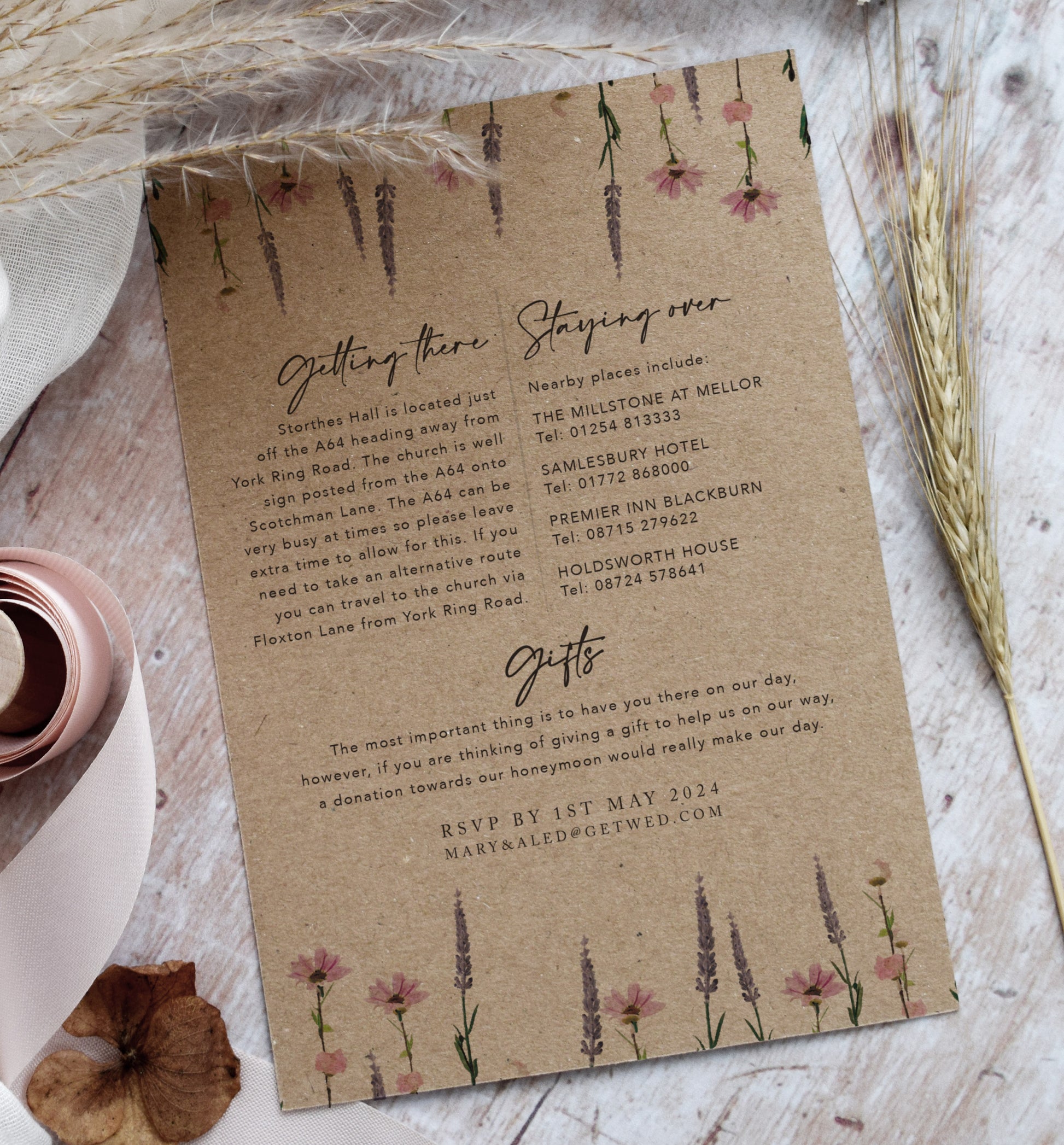 Wedding invitations printed onto Kraft card for a rustic wedding