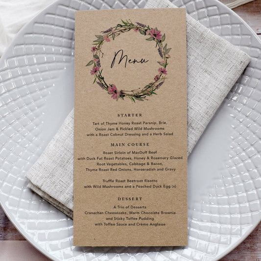 Whisper Wreath Kraft Wedding Menu Cards