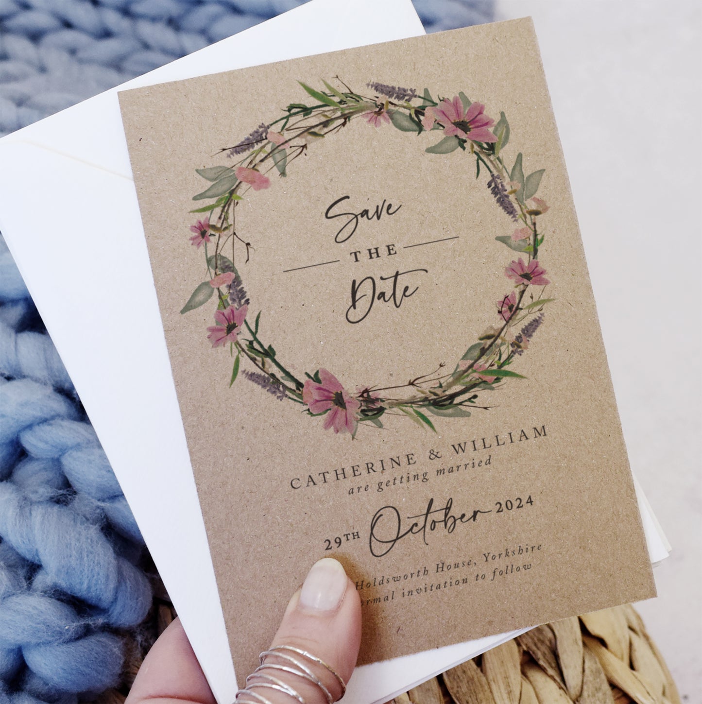 Whisper Wreath Kraft Wedding Save the Date Cards