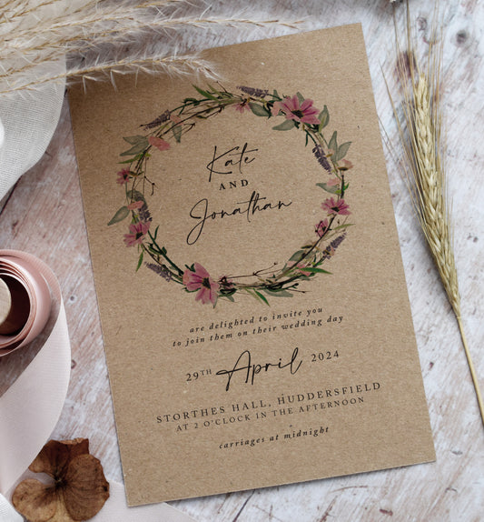 Wedding invitations printed onto Kraft card for a rustic wedding