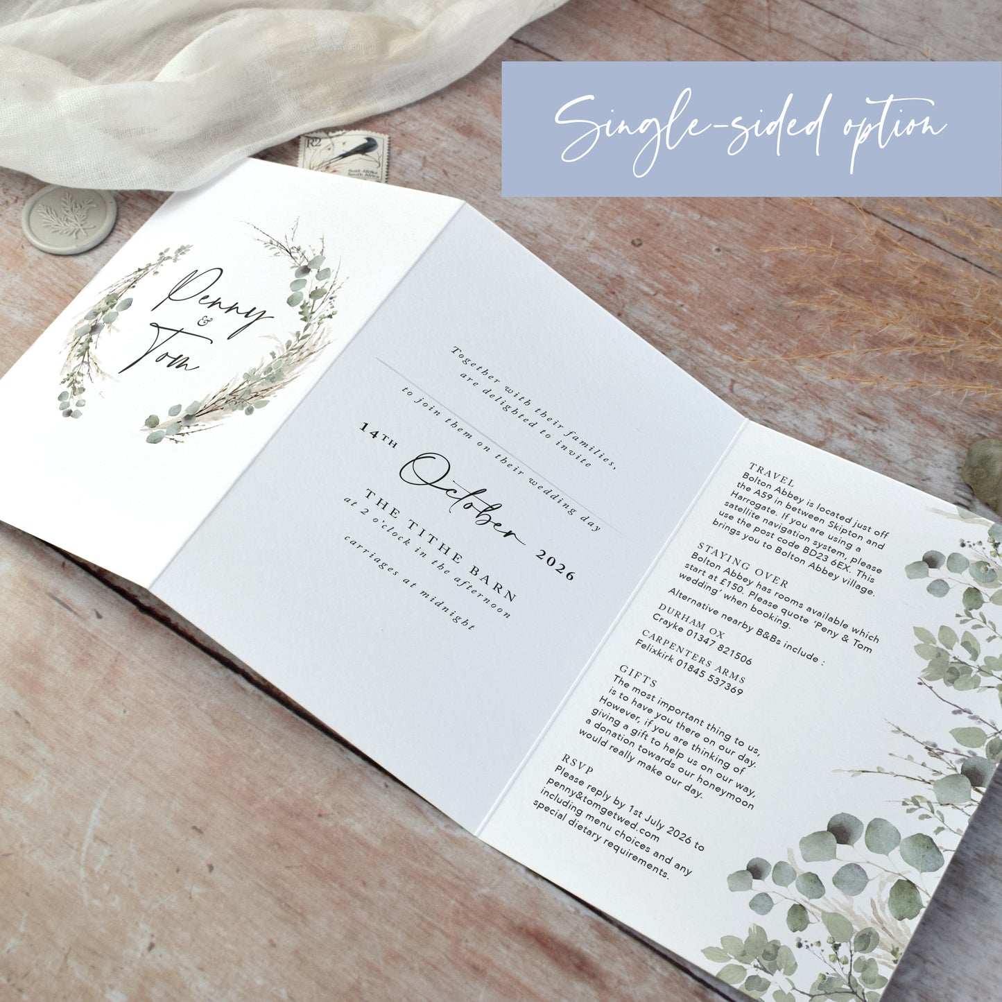 Willow Wreath 3 fold Concertina Wedding Invitation