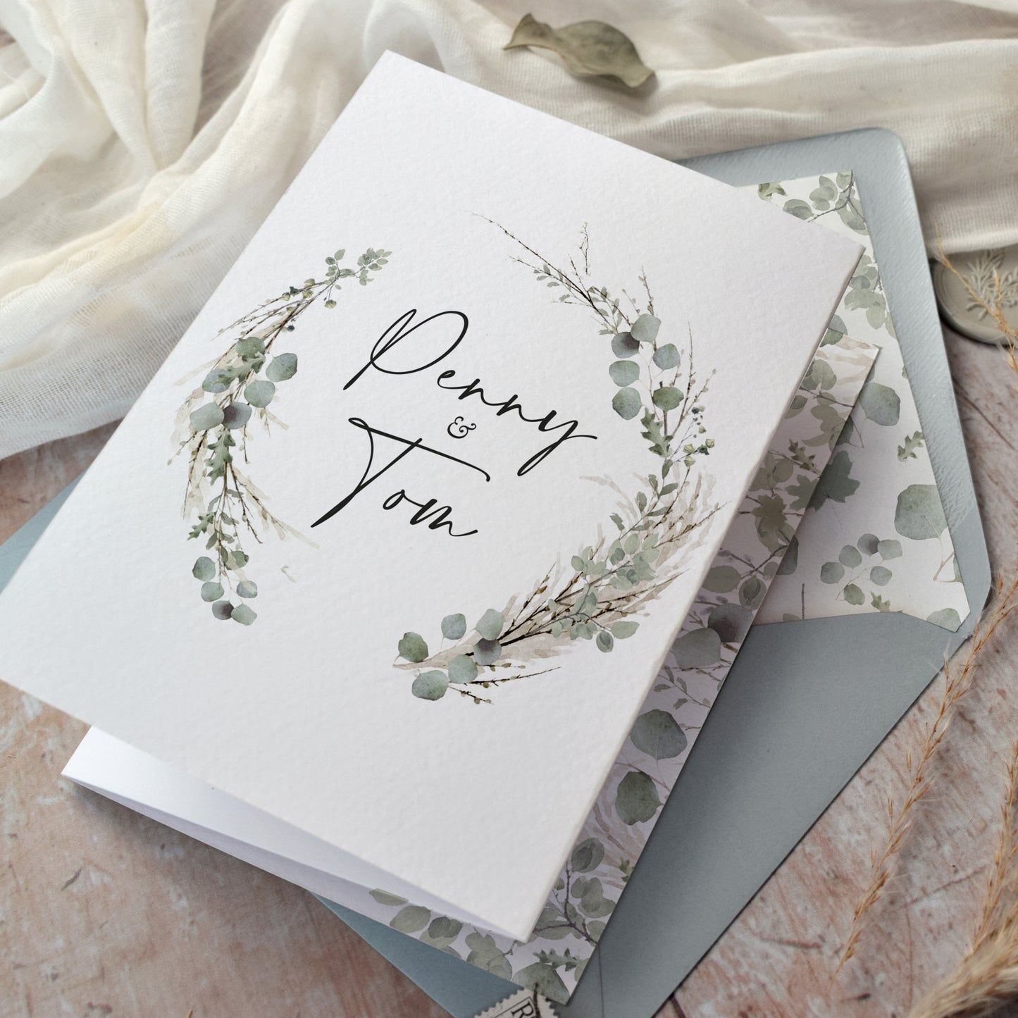 Willow Wreath 3 fold Concertina Wedding Invitation