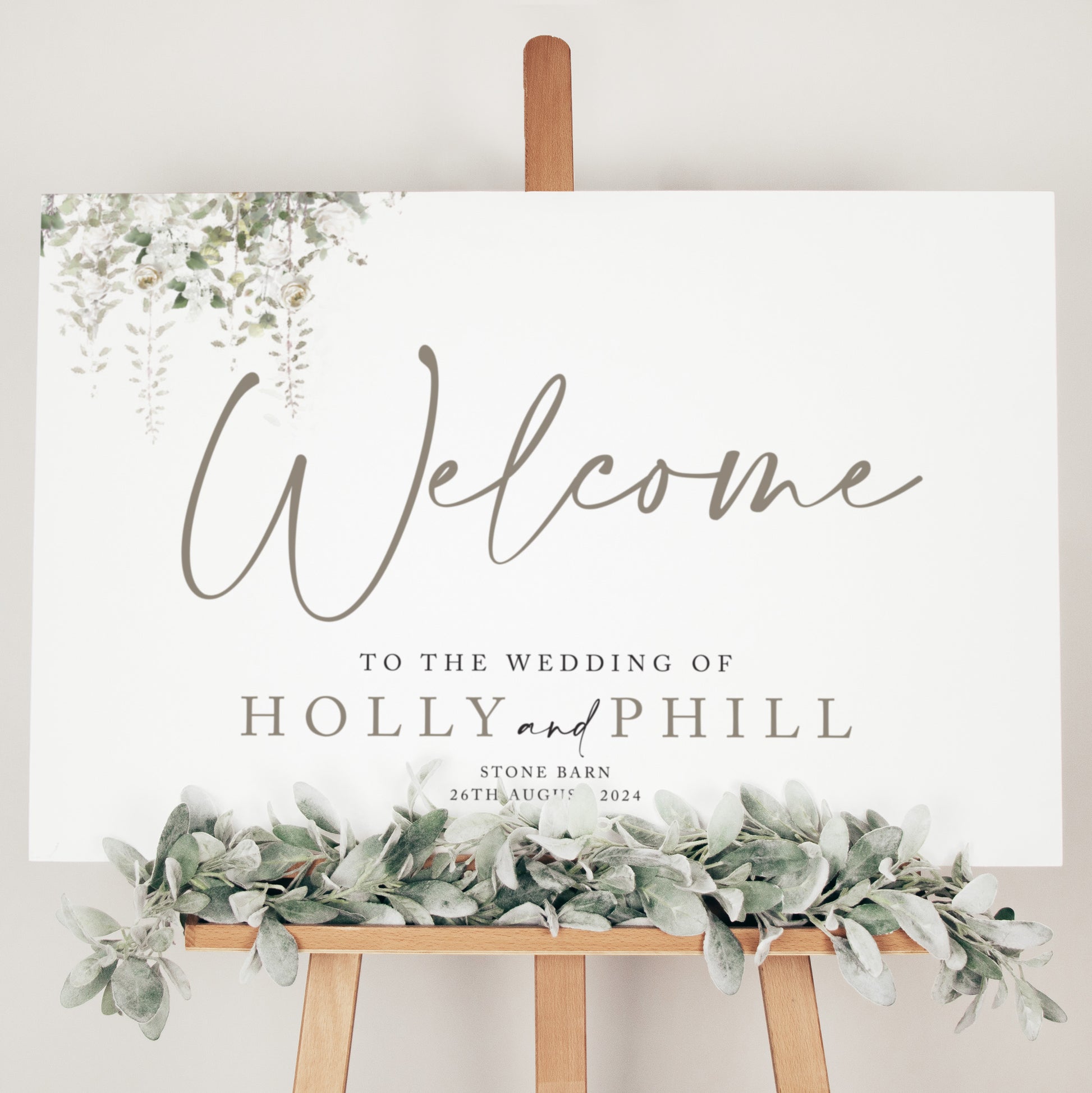 green foliage wedding welcome board