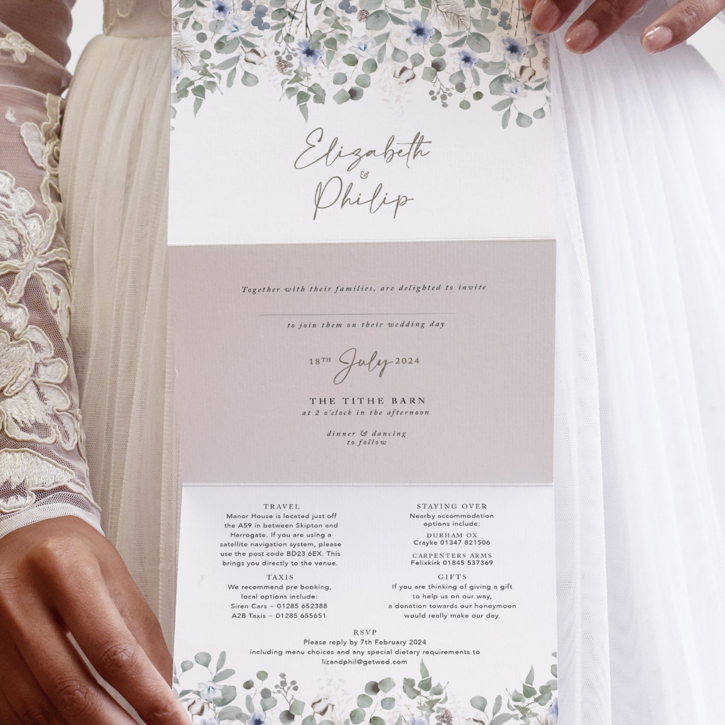 winter wedding invitations in a concertina fold
