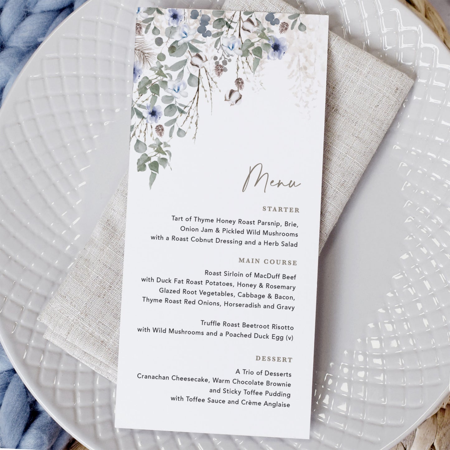 Winter Foliage Wedding Menu Cards