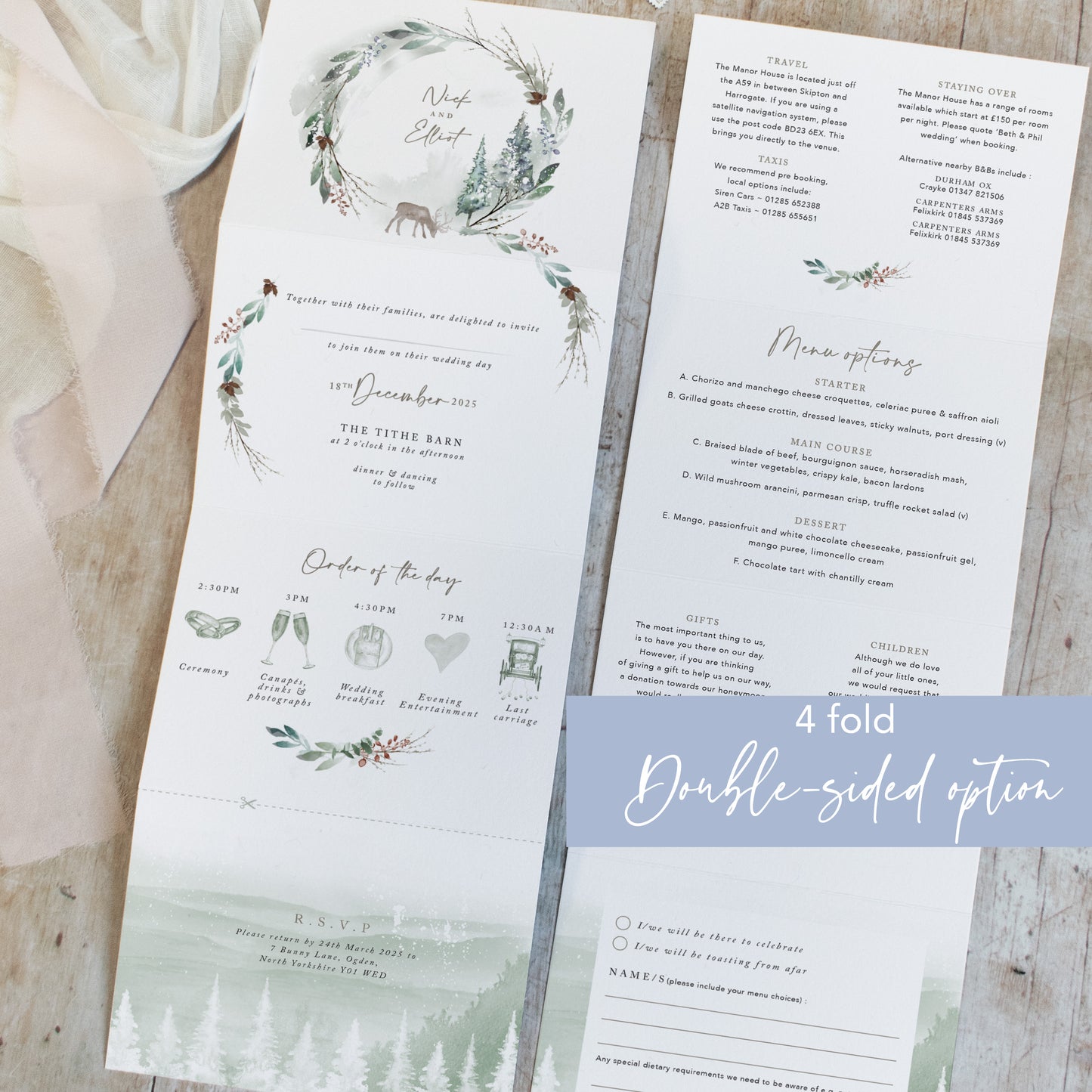Winter Green 4 Fold Concertina Wedding Invitation