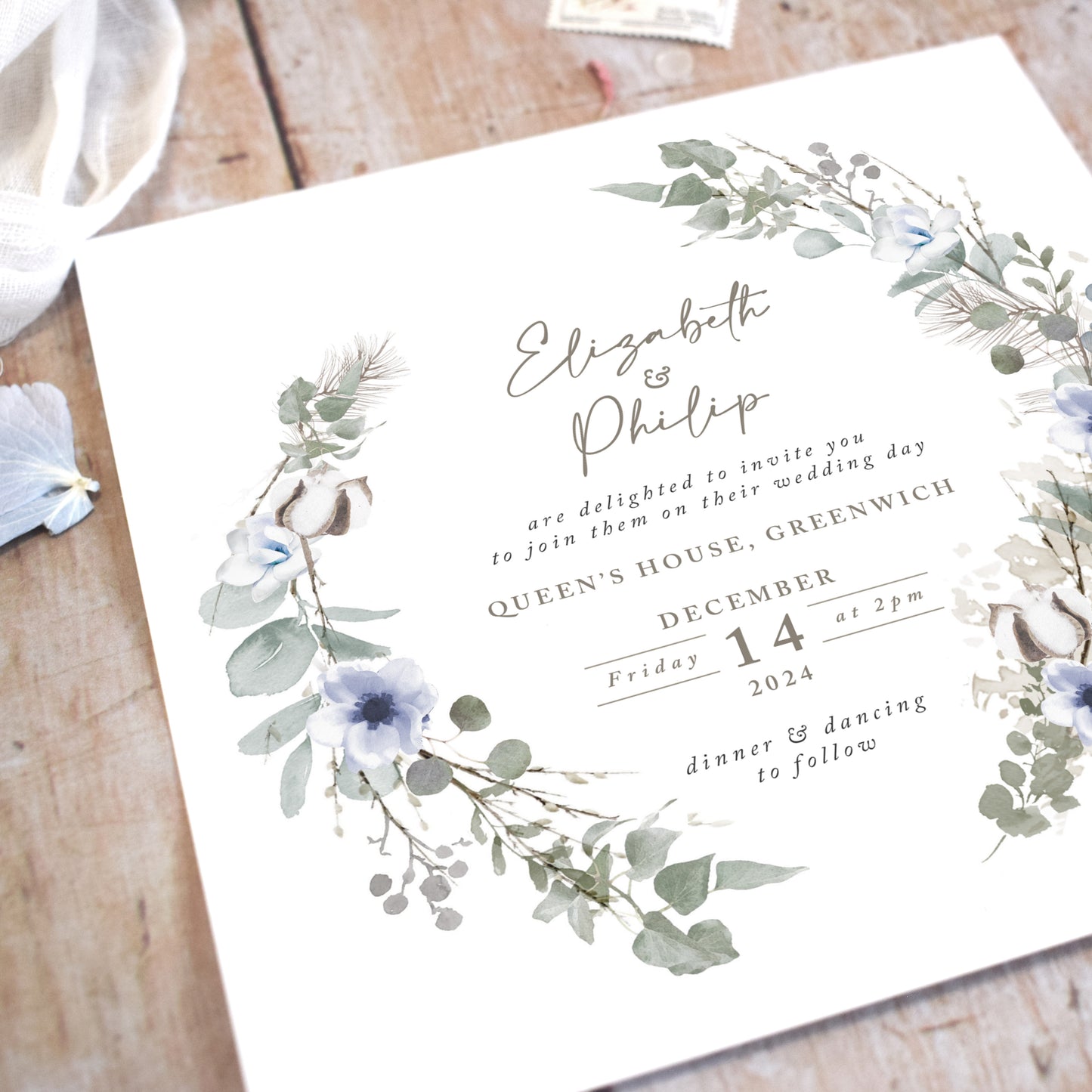 Winter Wreath Square Wedding Invitation