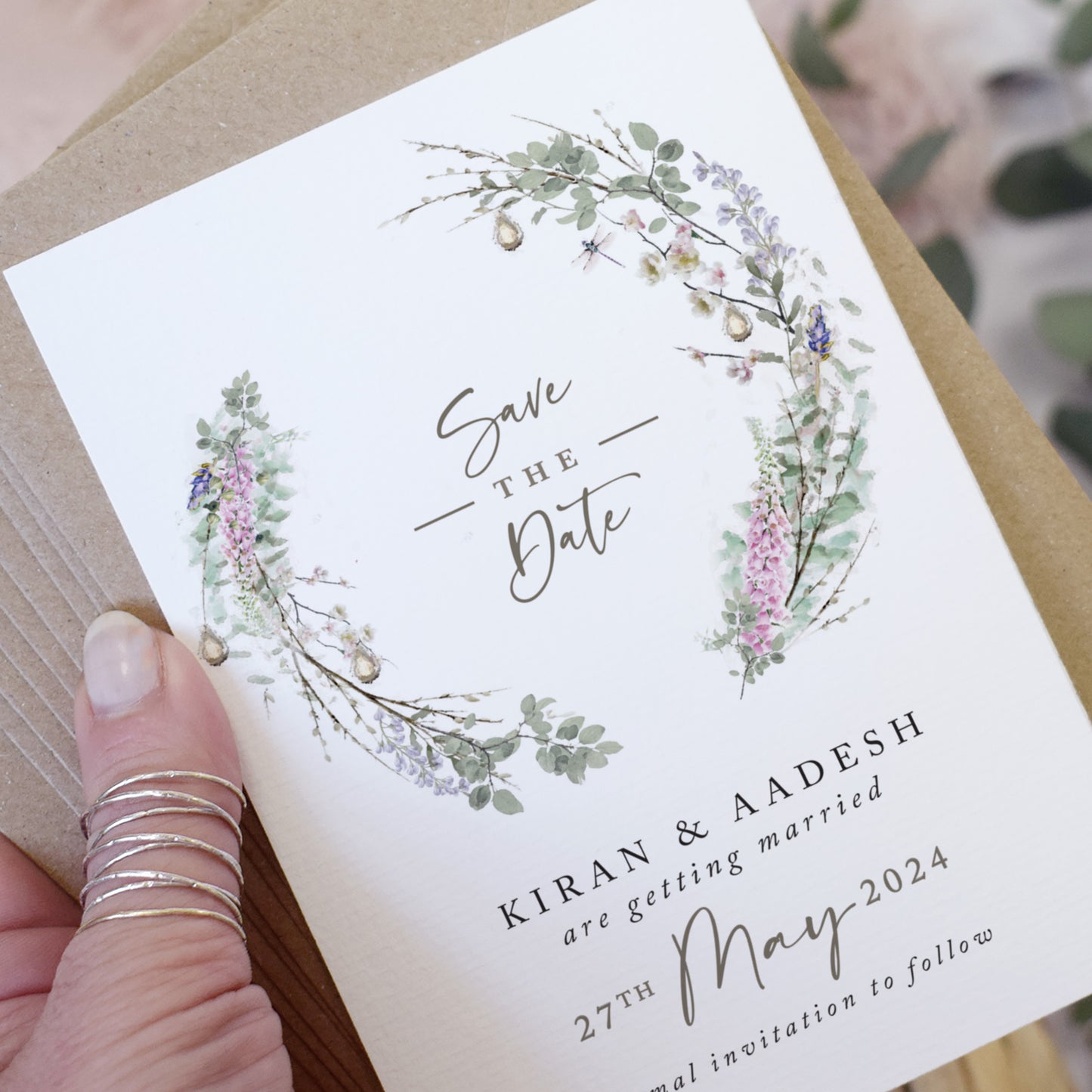 spring floral wreath wedding save the date cards