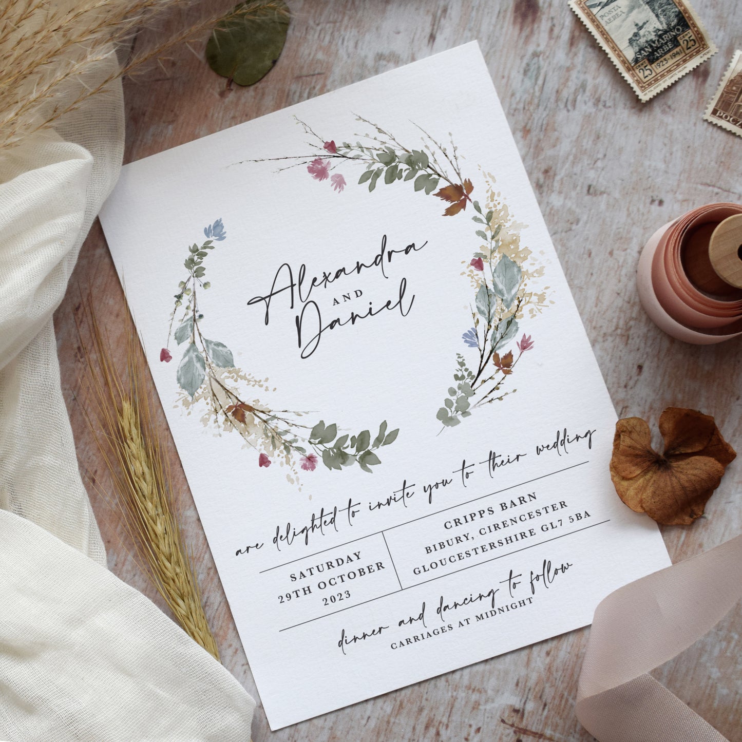 Autumn Wreath Flat Wedding Invitation