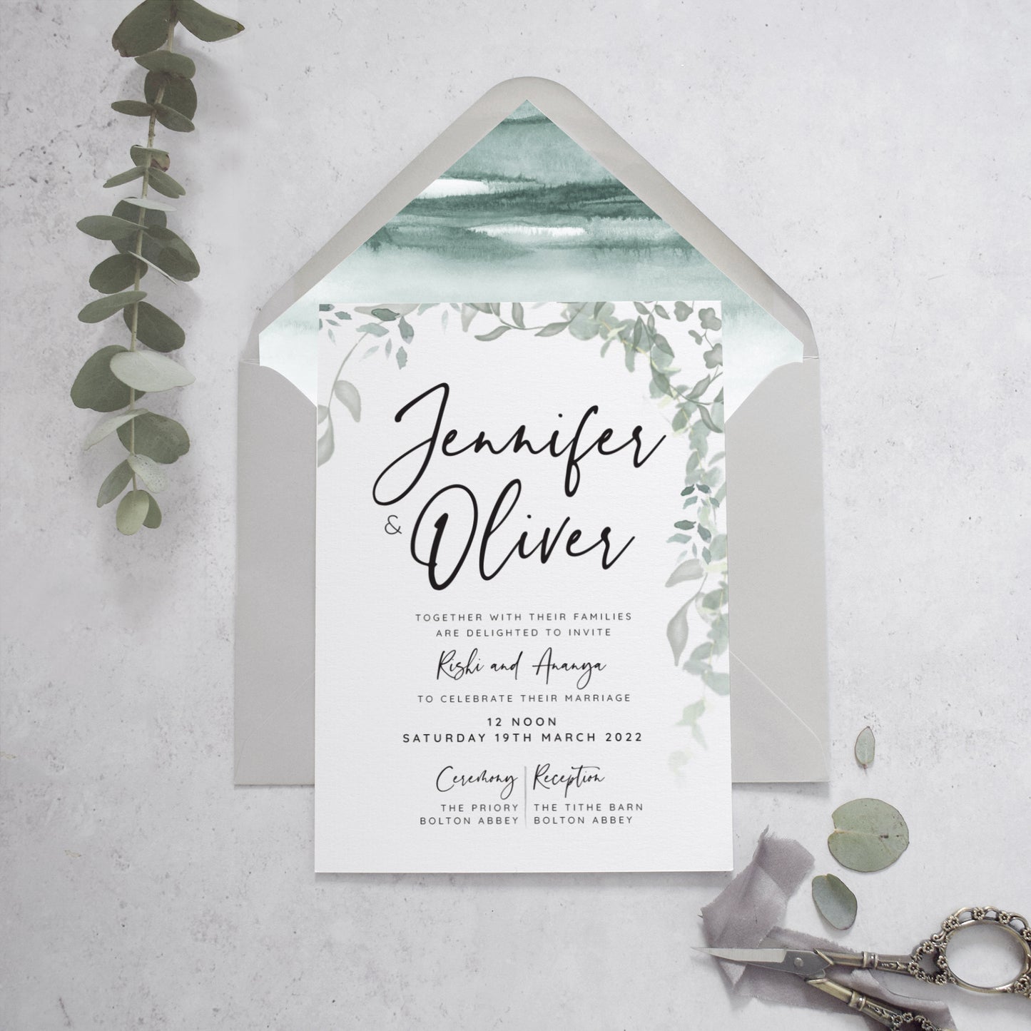 'Greenery' wedding invite & grey envelope