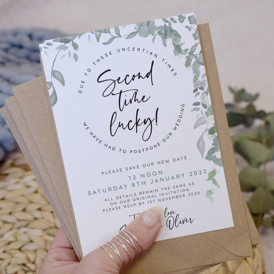 'Greenery' wedding change the date cards