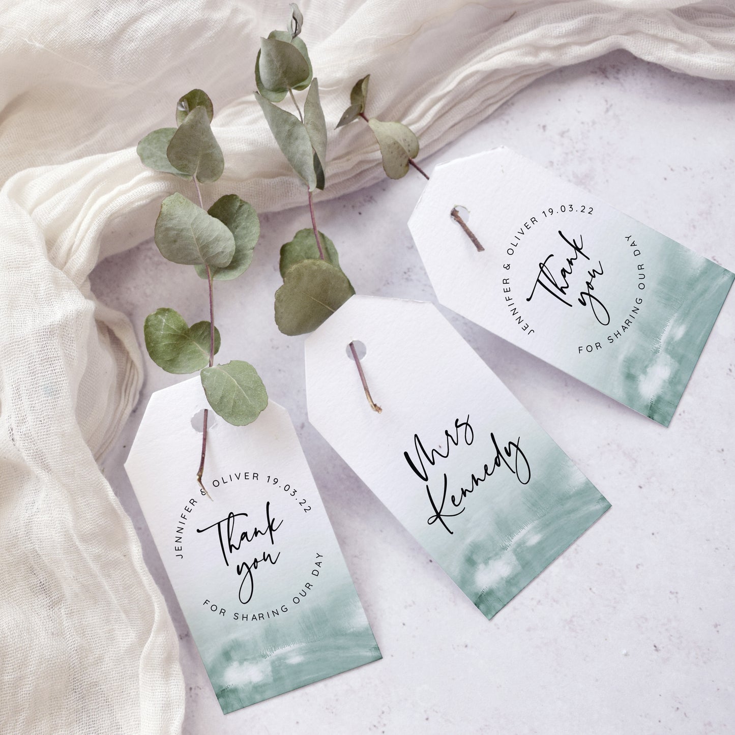 'Greener' modern watercolour wedding favour tags