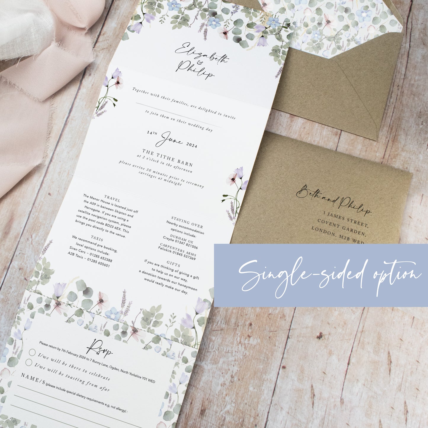 Periwinkle 4 Fold Concertina Wedding Invitation