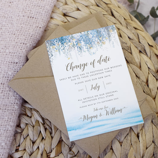 'Whimsical Coast' wedding change the date cards