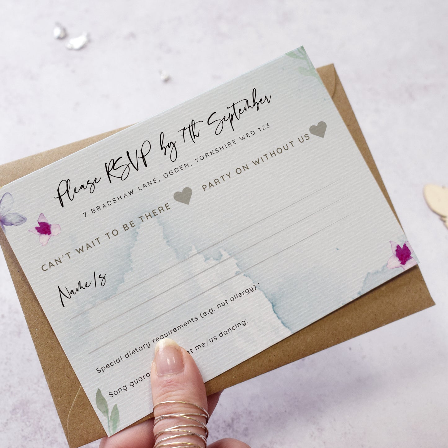 'Flower Press' single sided RSVP card