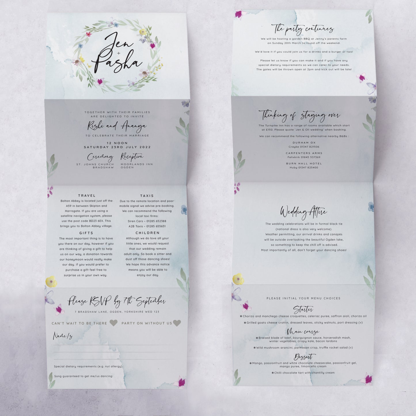'Flower Press Wreath' wedding invite with integrated RSVP