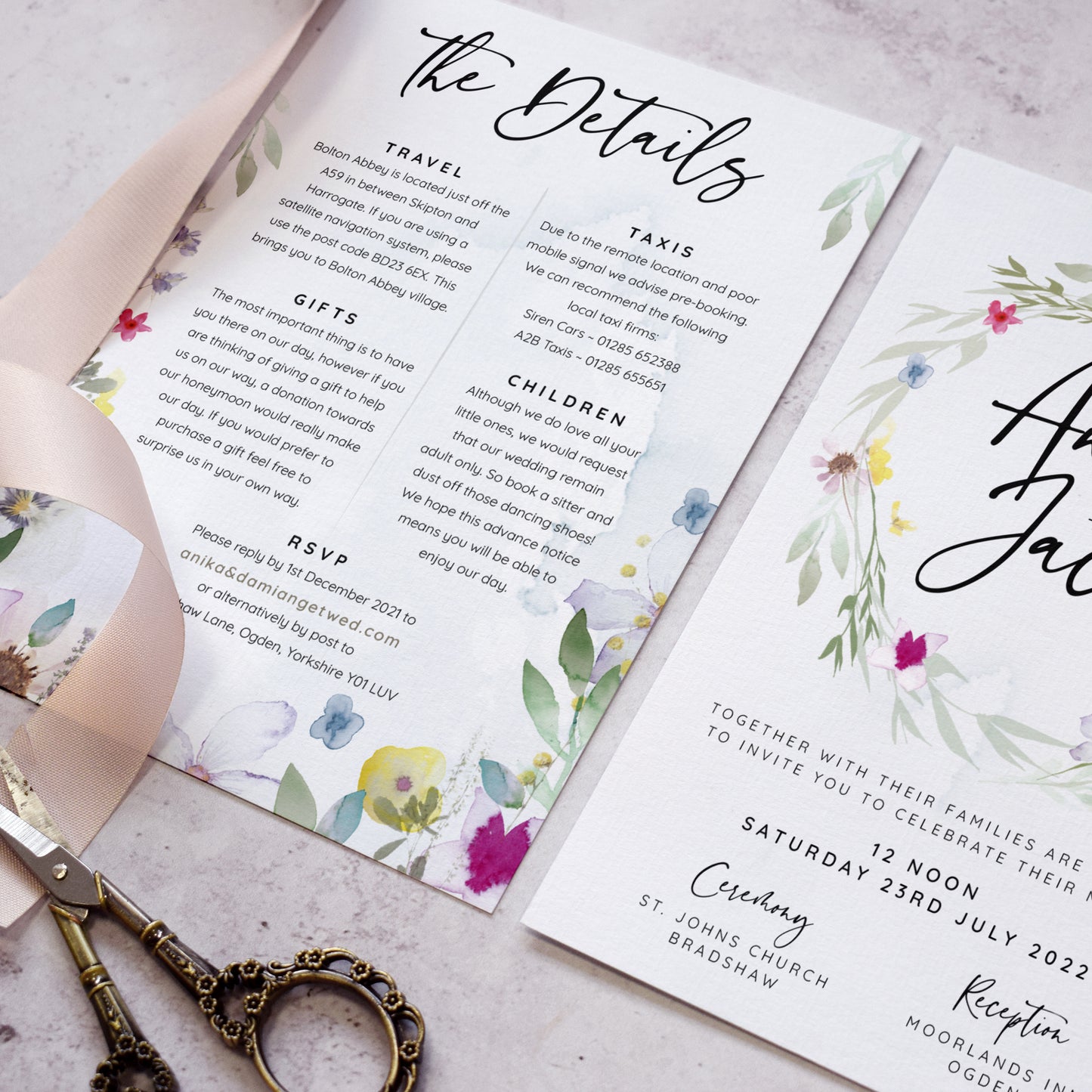 'Flower Press Wreath' wedding details cards