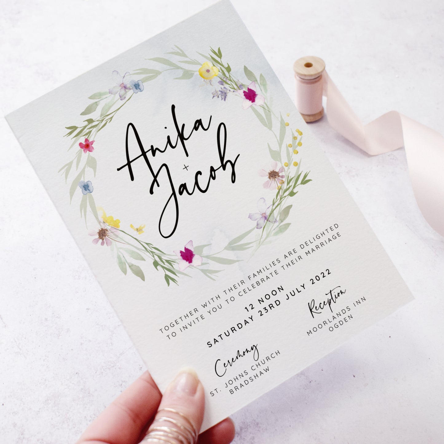 'Flower Press Wreath' wedding evening reception invite