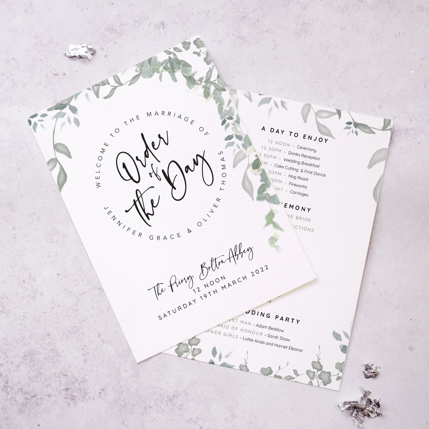 Double sided Order of the Day flat card featuring eucalyptus from our "greenery' collection
