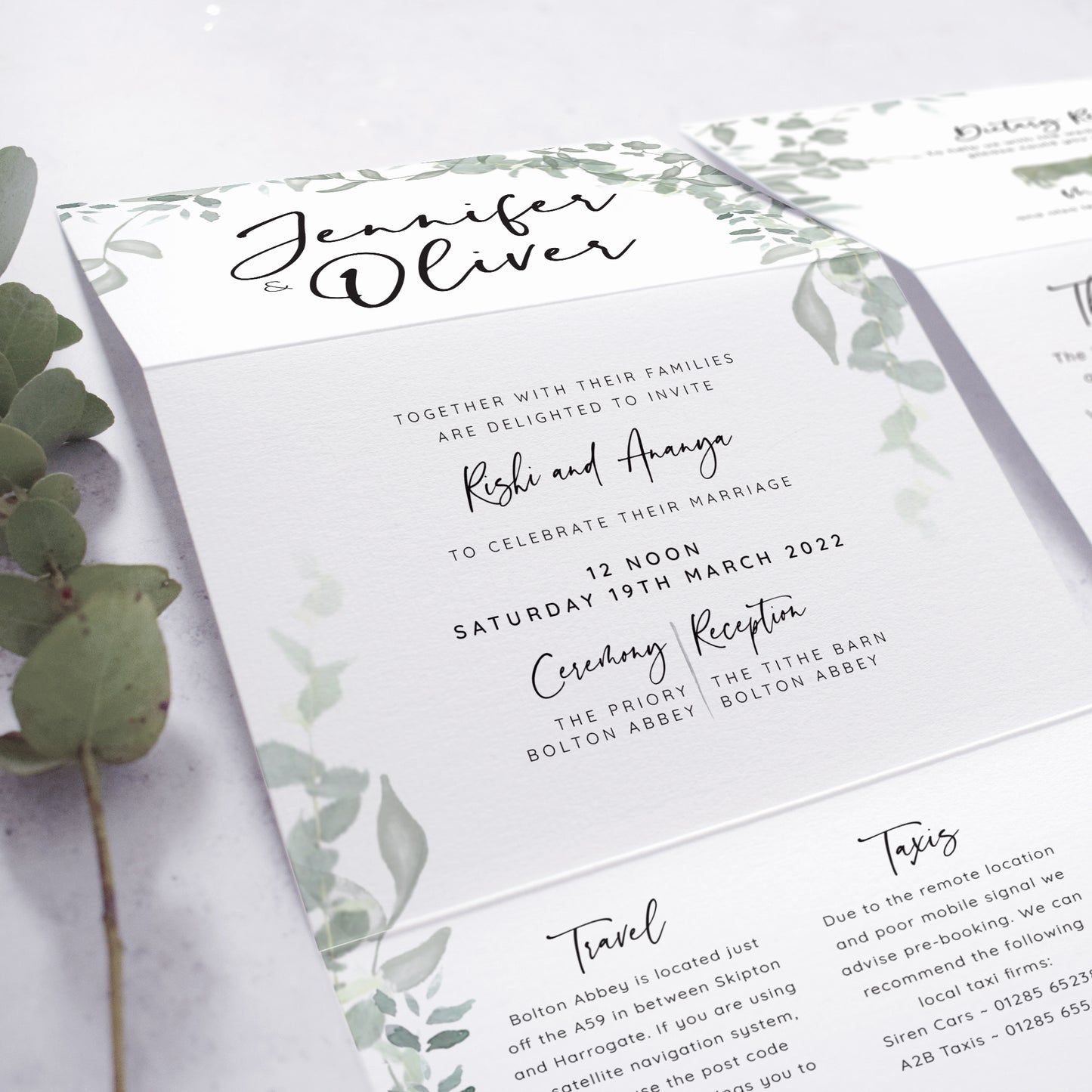 'Greenery' wedding invite in a concertina fold