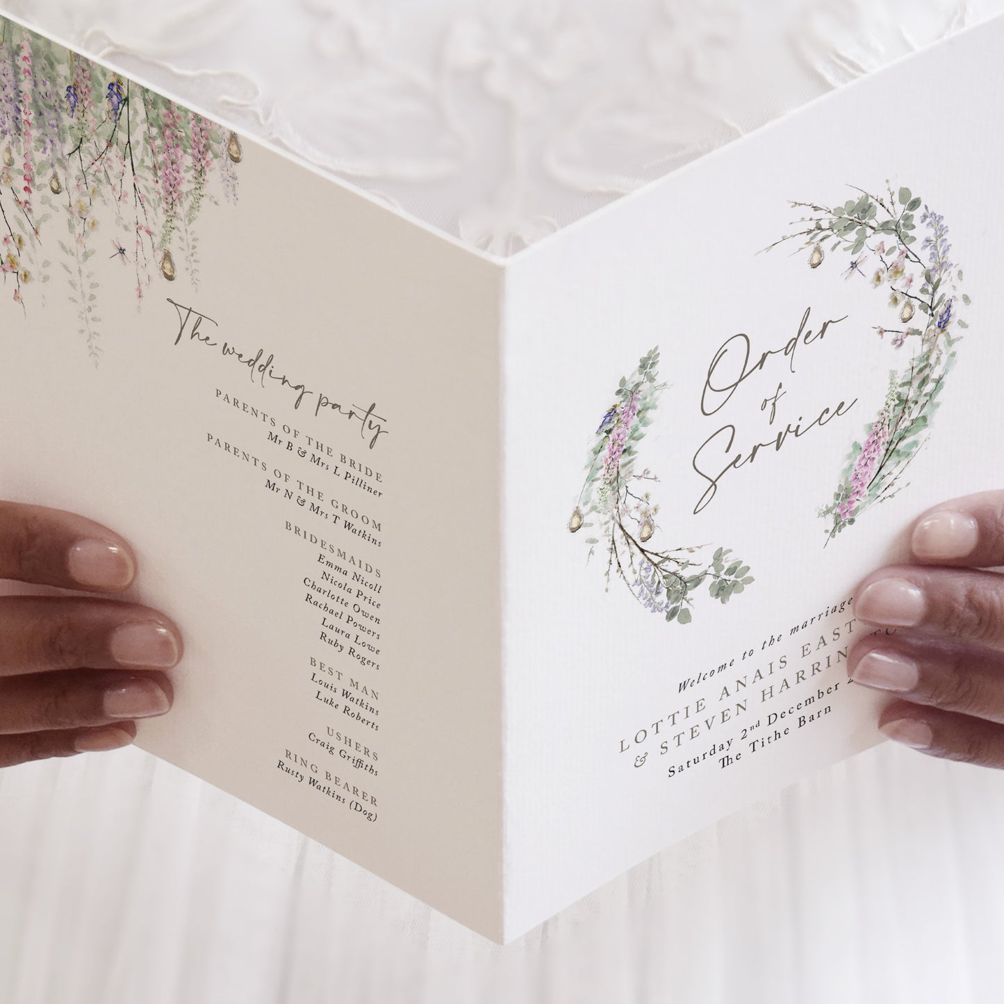 4 PAGE 'Whimsical Wreath' Wedding Order of Service Booklet