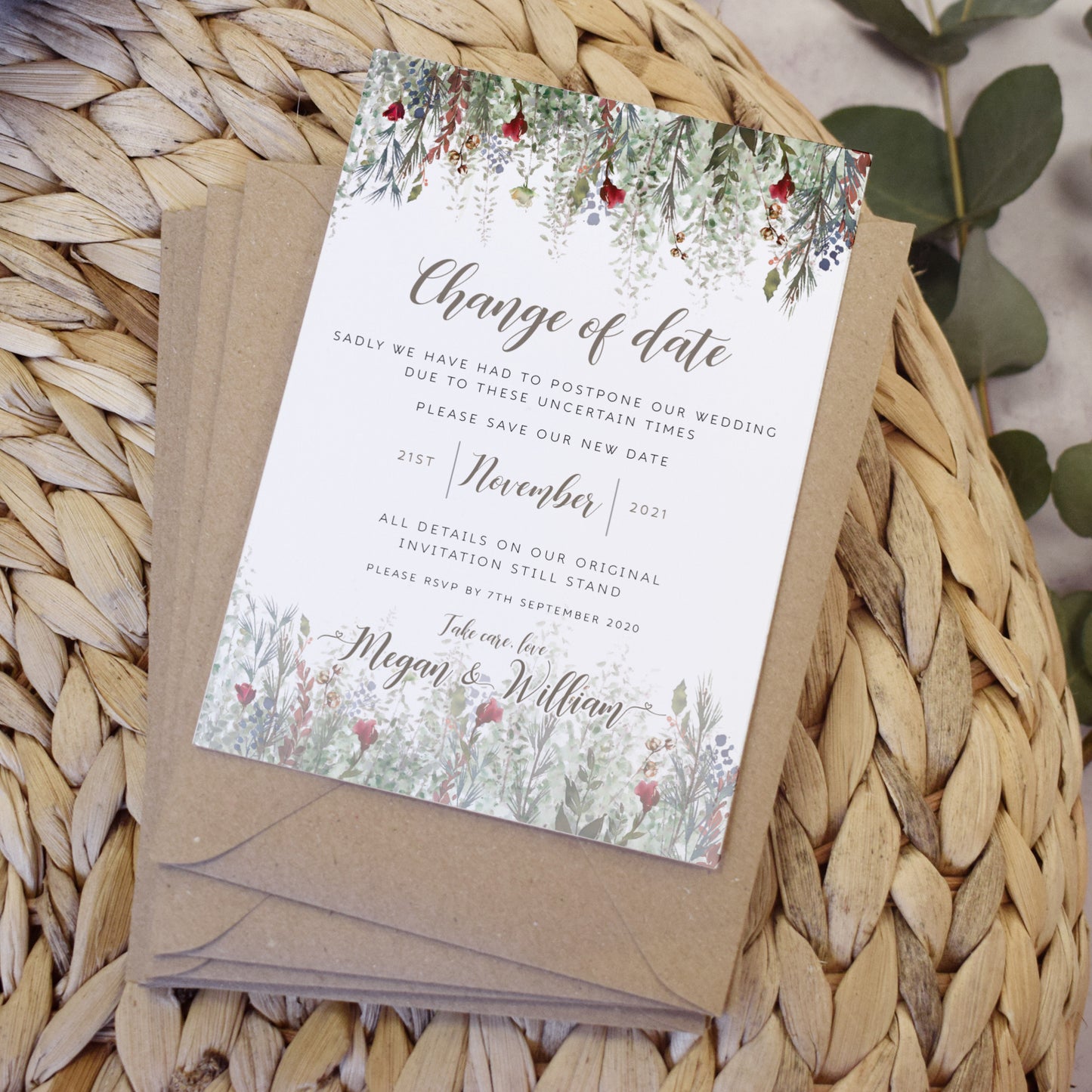 Whimsical Noel Wedding Change the Date Cards