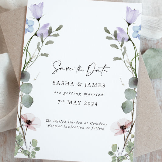 Periwinkle Floral Wedding Save the Date Cards