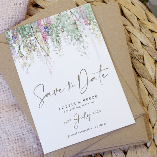 Spring save the date cards for a boho wedding theme