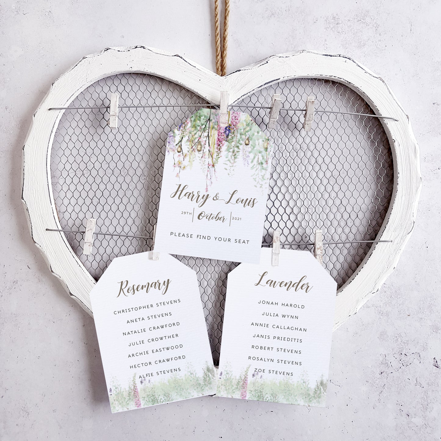 'Whimsical Spring' Personalised Wedding Seating Plan cards