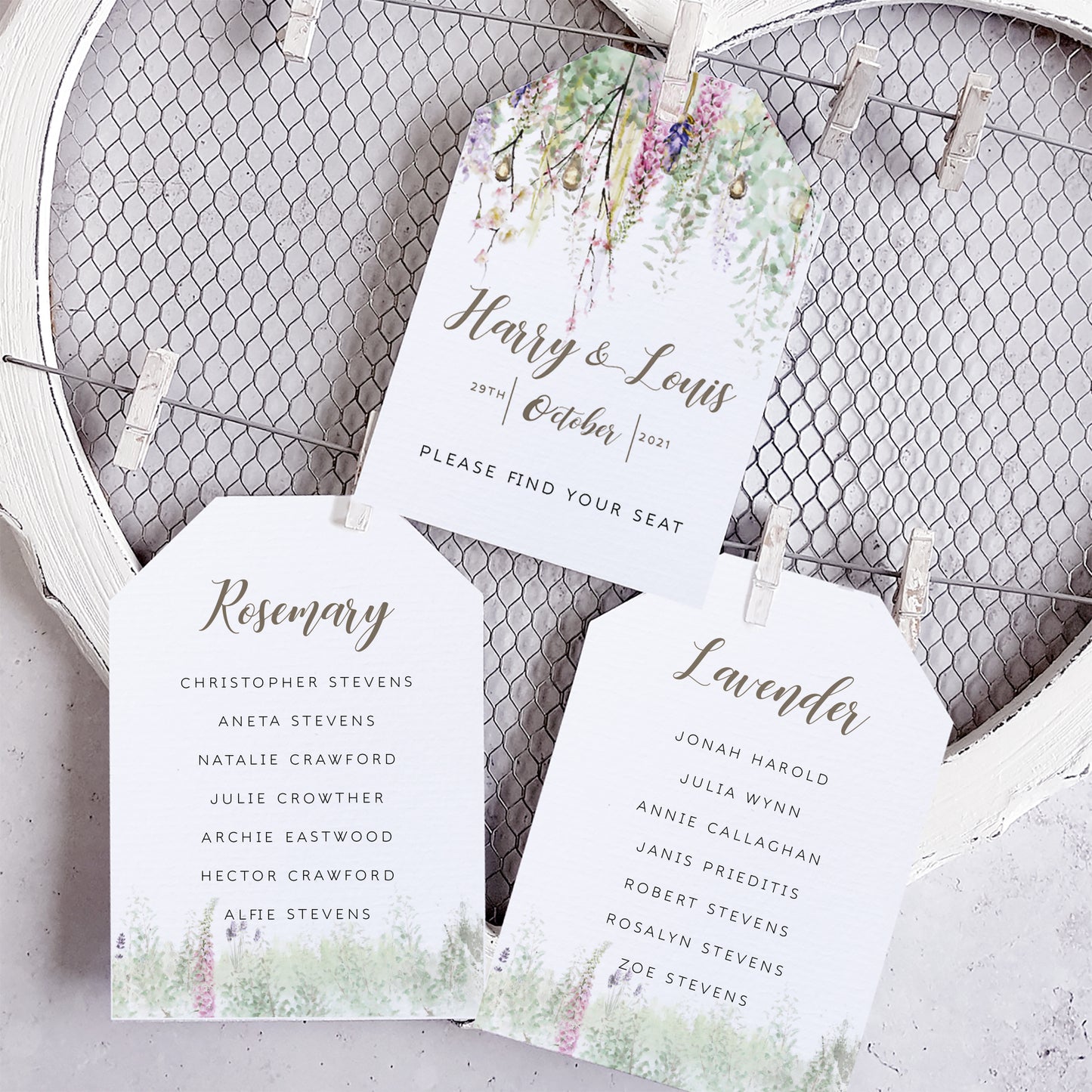 'Whimsical Spring' Personalised Wedding Seating Plan cards