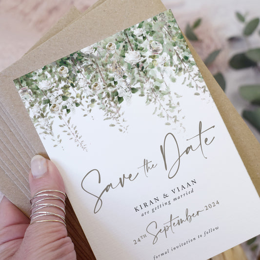 Save the Date cards featuring greenery
