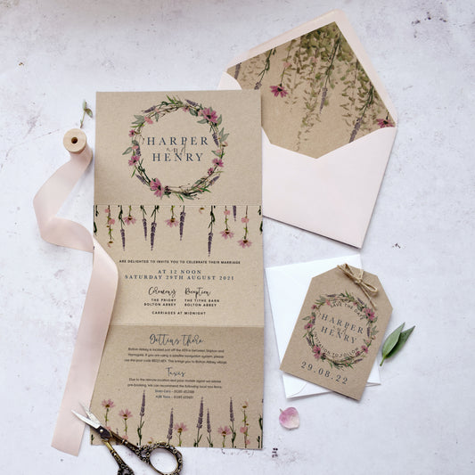 concertina fold 'Whisper Kraft' rustic wedding invitations