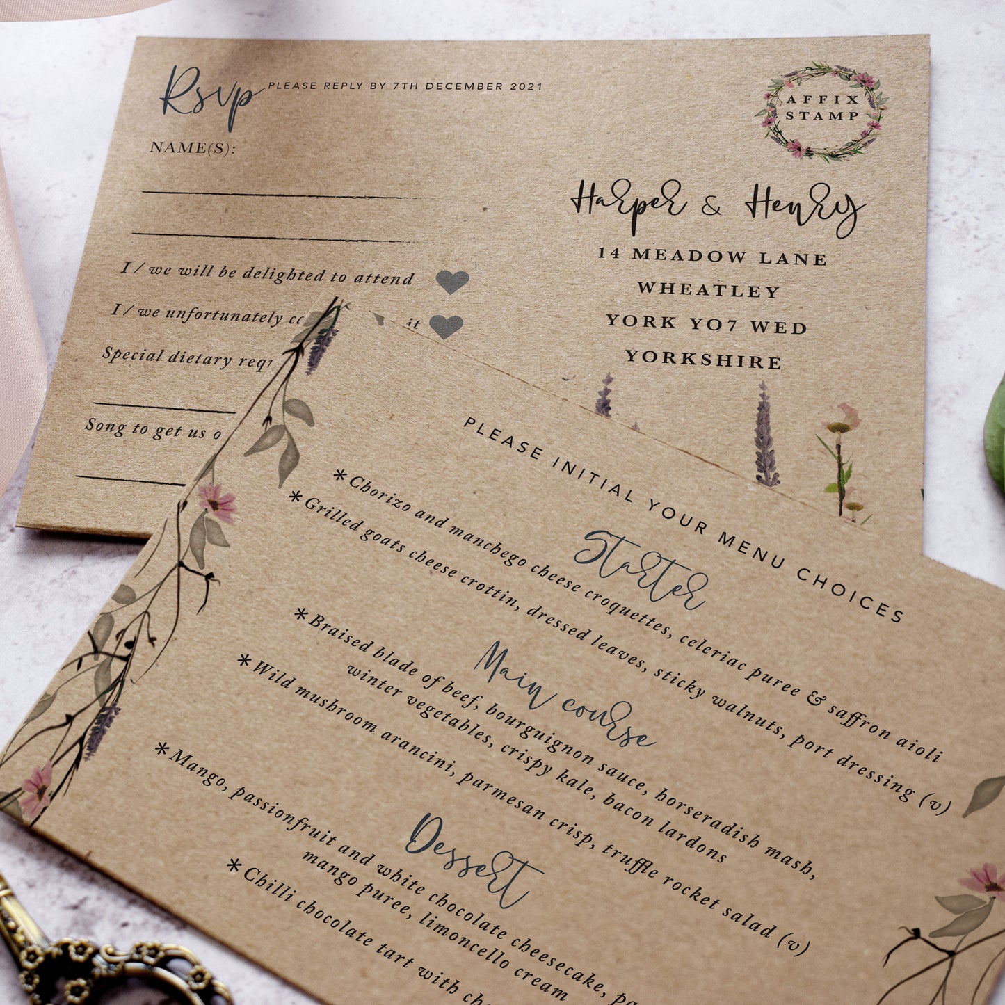 wedding RSVP postcards from our "whisper kraft' wedding stationery range