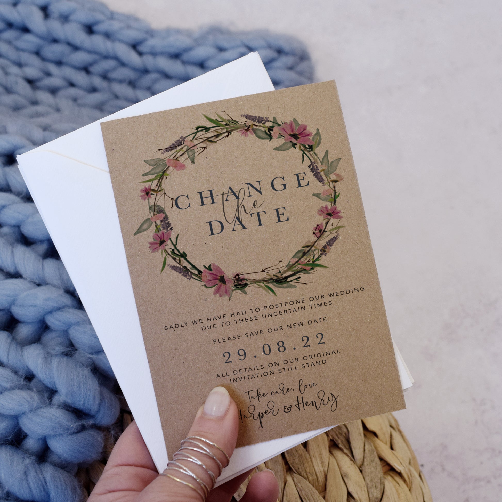 'Whisper Kraft' Personalised Rustic Wedding Change the Date cards