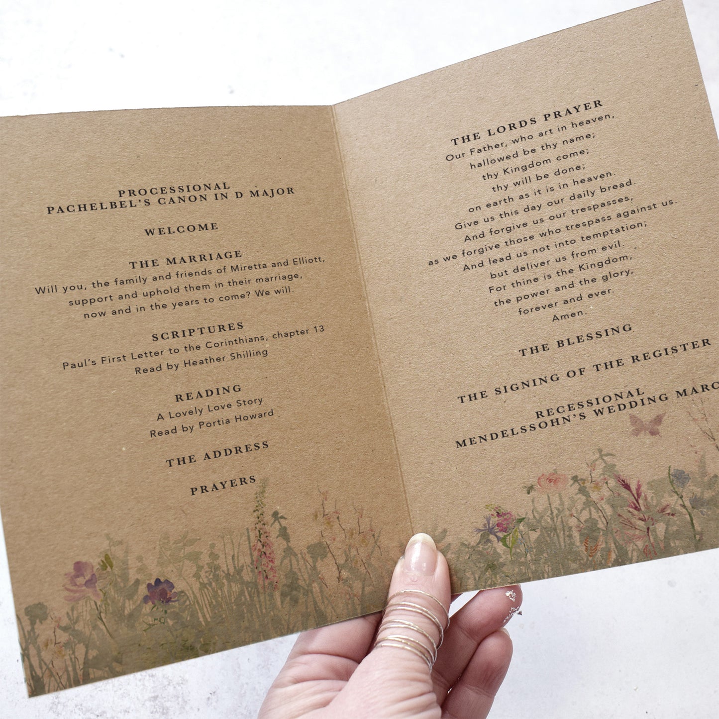4 PAGE 'Secret Garden Kraft' Wedding Order of Service Booklet