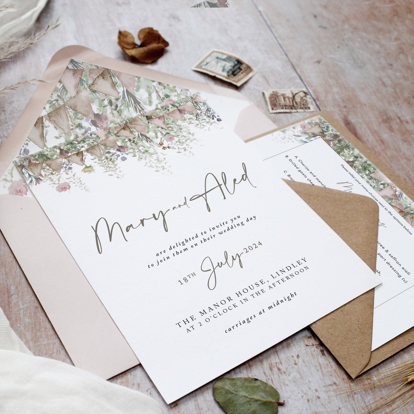 wedding invitations with sage green and dusky pink