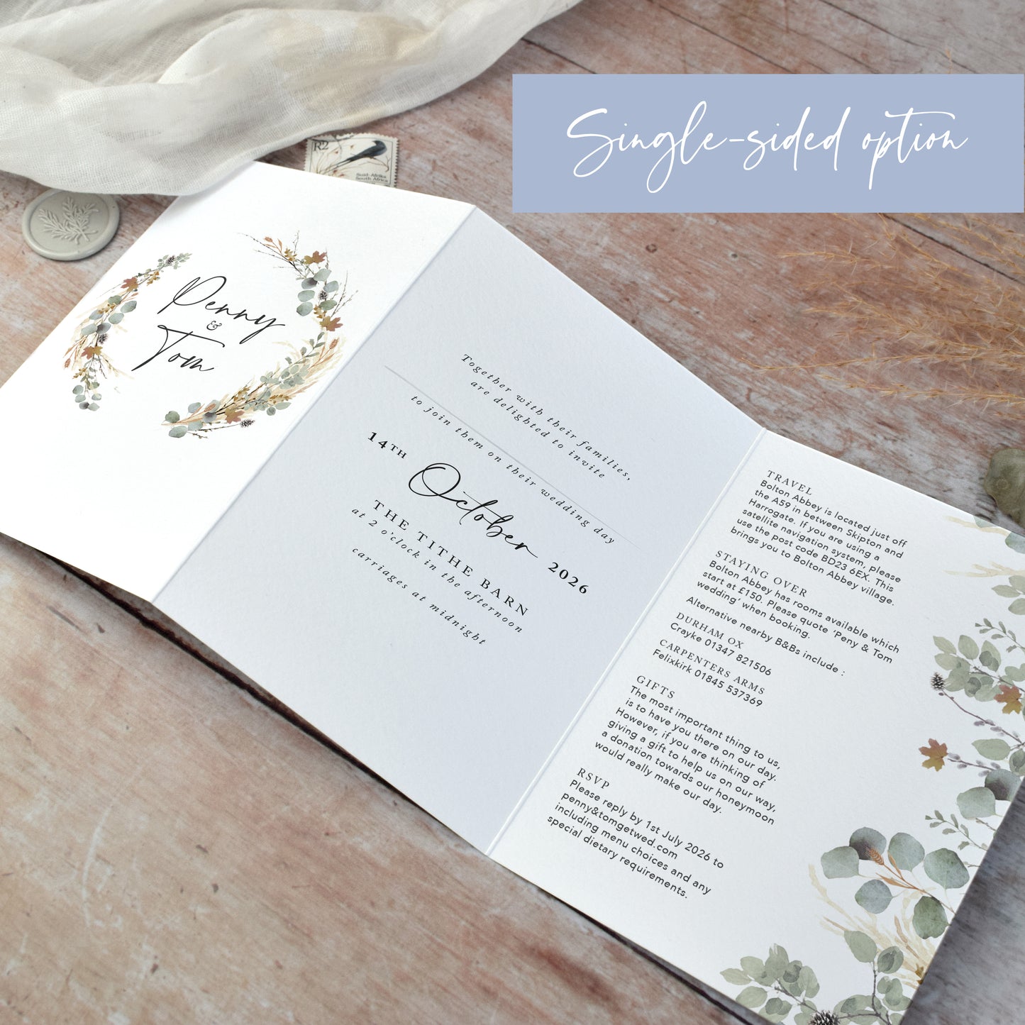 Autumn Willow Wreath 3 fold Concertina Wedding Invitation