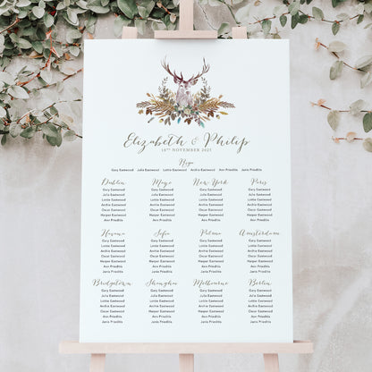Rustic wedding table plan for an autumn wedding with stags head