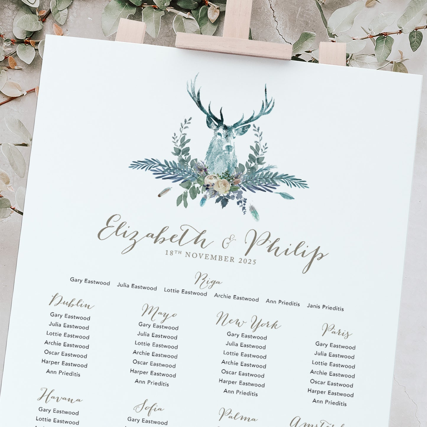 winter wedding table plan with stags head