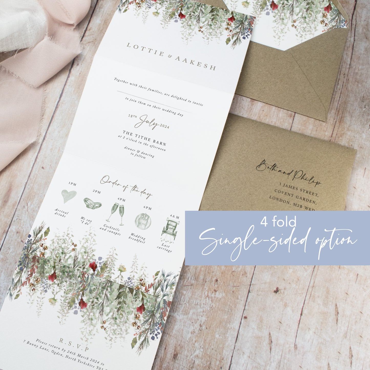 'all in one' wedding invitations for a Christmas wedding