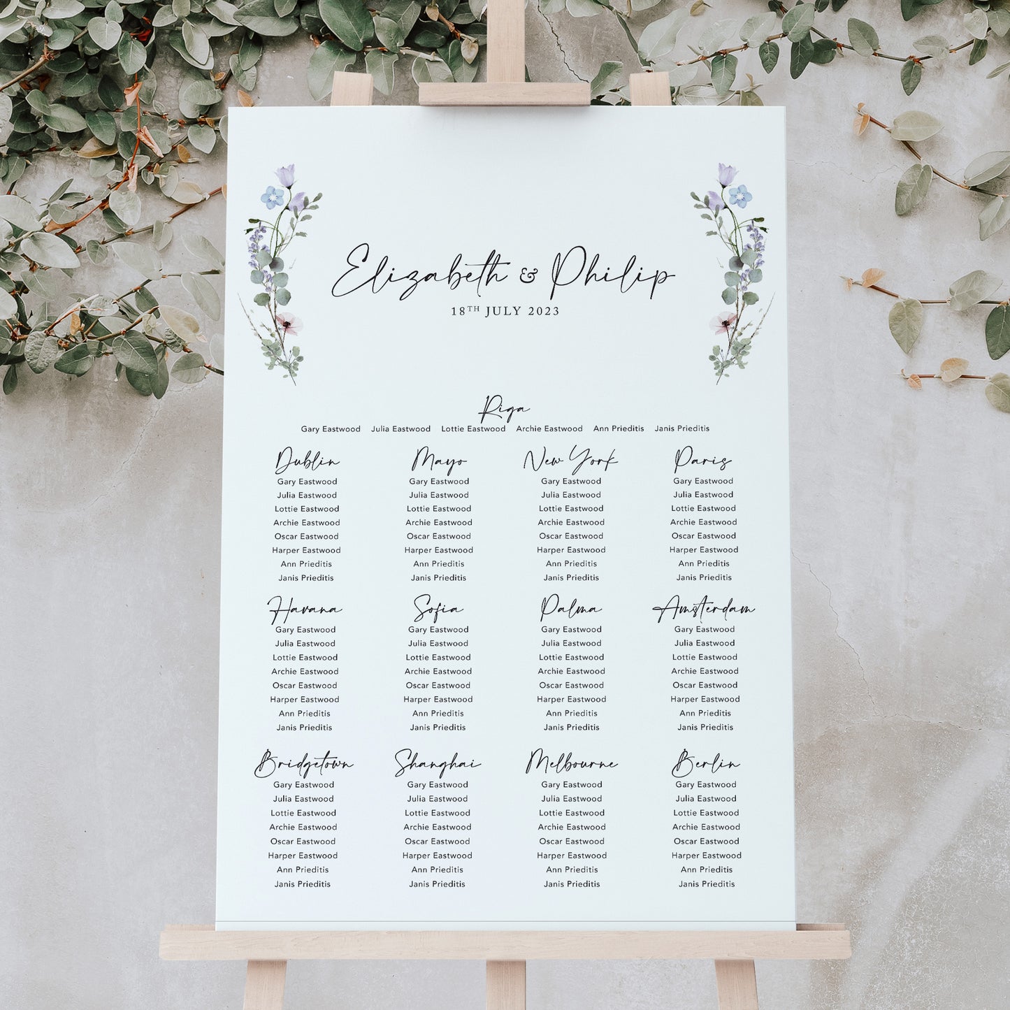 Periwinkle Floral Wedding Table Plan