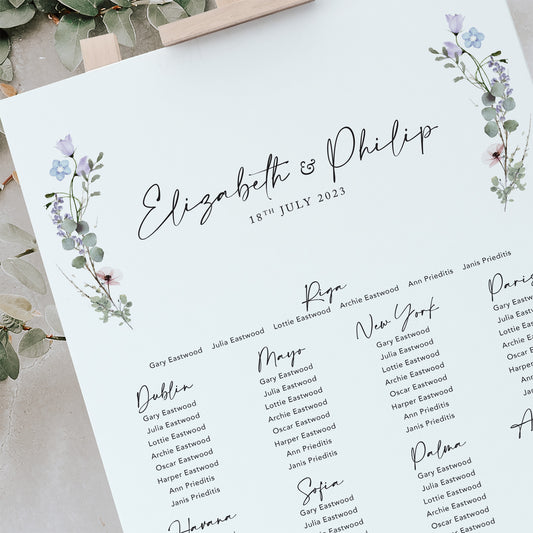 Periwinkle Floral Wedding Table Plan
