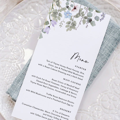 Periwinkle Foliage Wedding Menu Cards