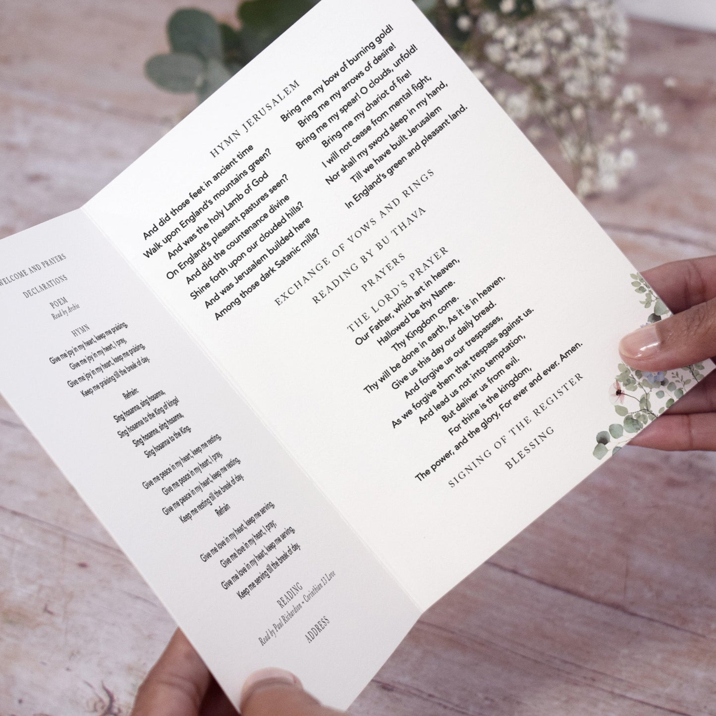 4 PAGE 'Periwinkle Foliage' Wedding Order of Service Booklet