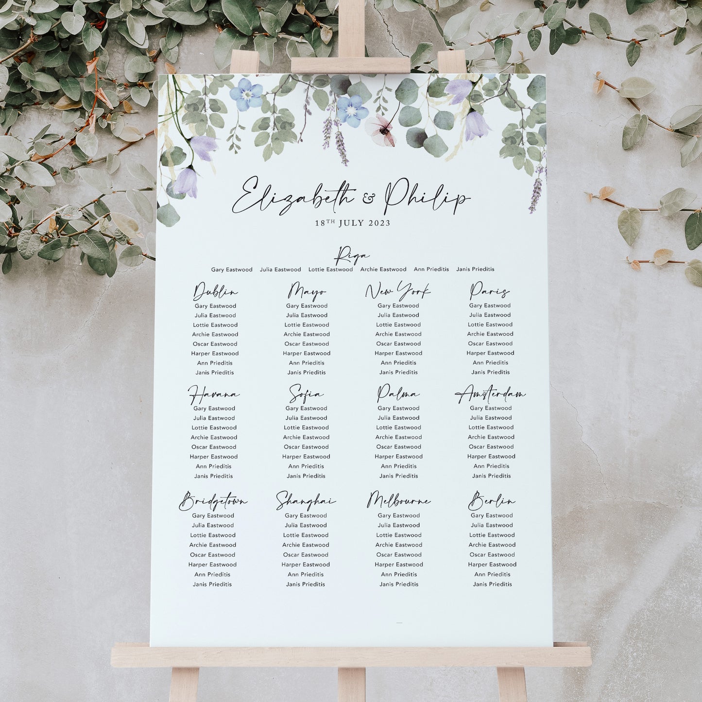 Periwinkle Foliage Wedding Table Plan