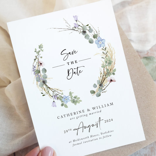 Periwinkle Wreath Wedding Save the Date Cards