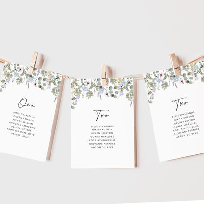 Periwinkle Foliage Wedding Seating Plan Cards