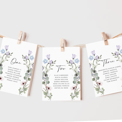 Periwinkle Floral Wedding Seating Plan Cards