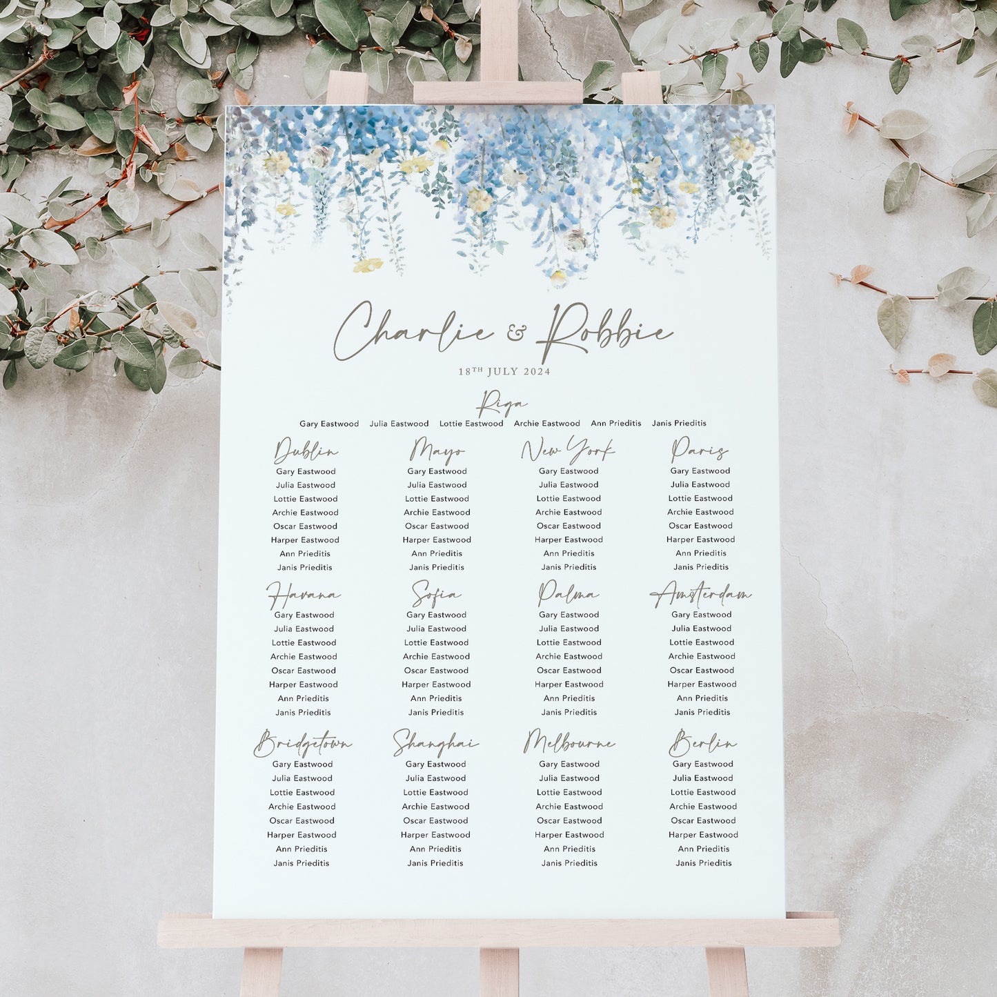 dusky blue wedding table plan board