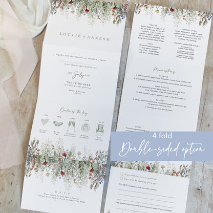 concertina wedding invitations with sage green foliage and red flowers